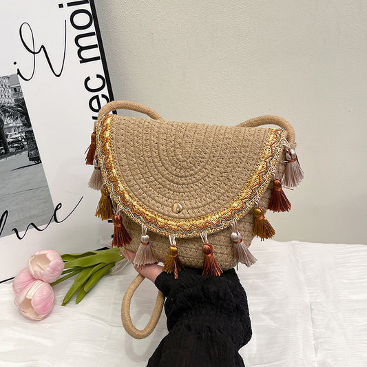 Ethnic Style Color-Block Woven Saddle Bag - zoraflux