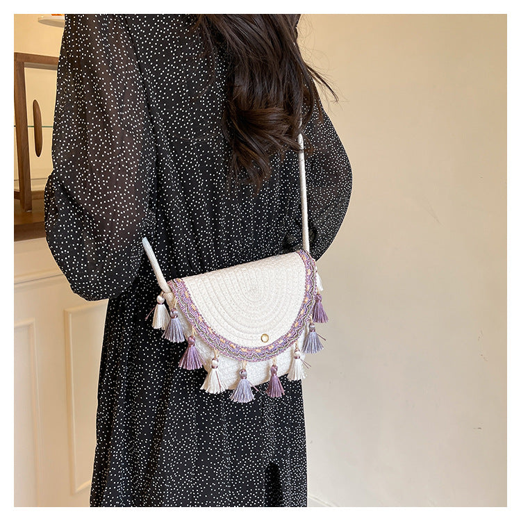 Ethnic Style Color-Block Woven Saddle Bag - zoraflux