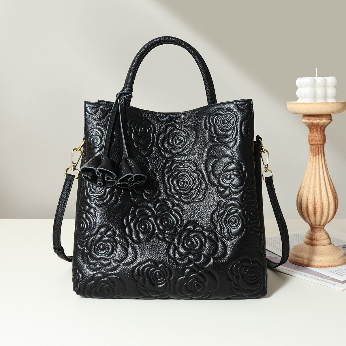 Camellia embossed tassel cowhide crossbody bag