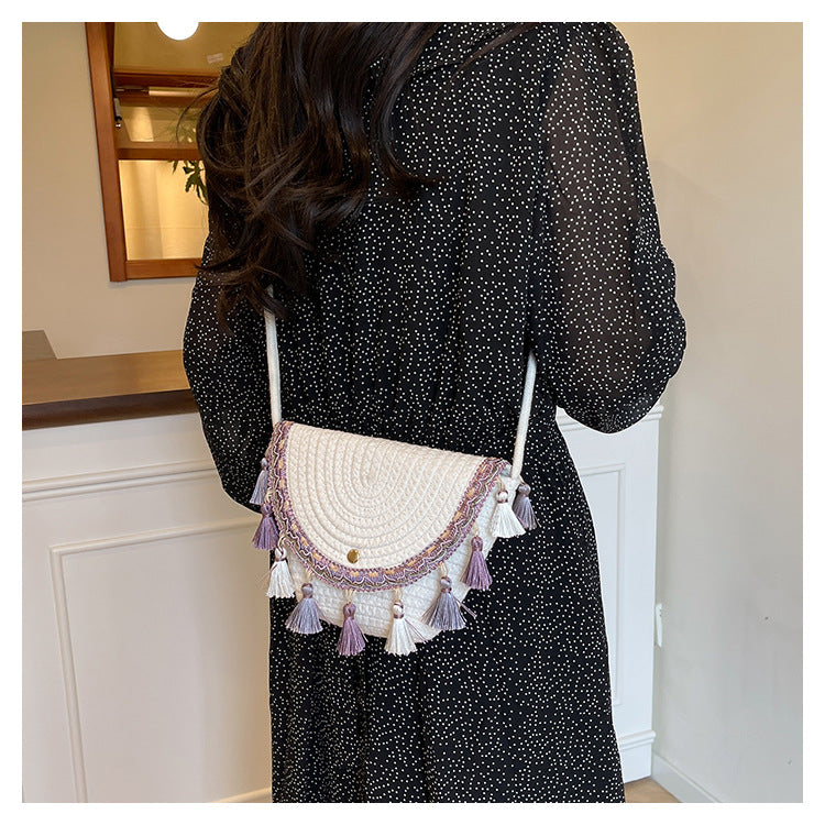 Ethnic Style Color-Block Woven Saddle Bag - zoraflux