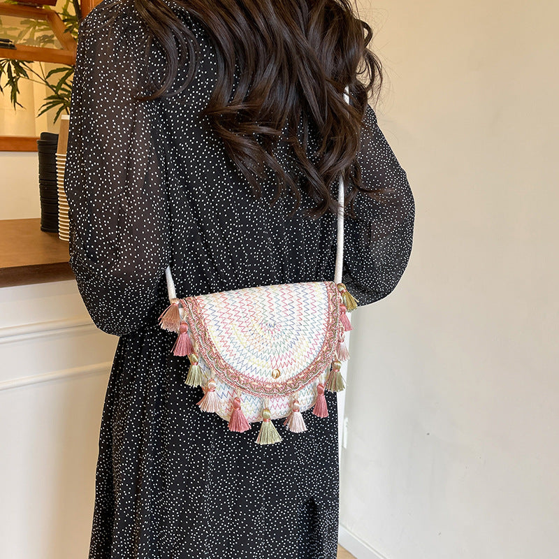 Ethnic Style Color-Block Woven Saddle Bag - zoraflux