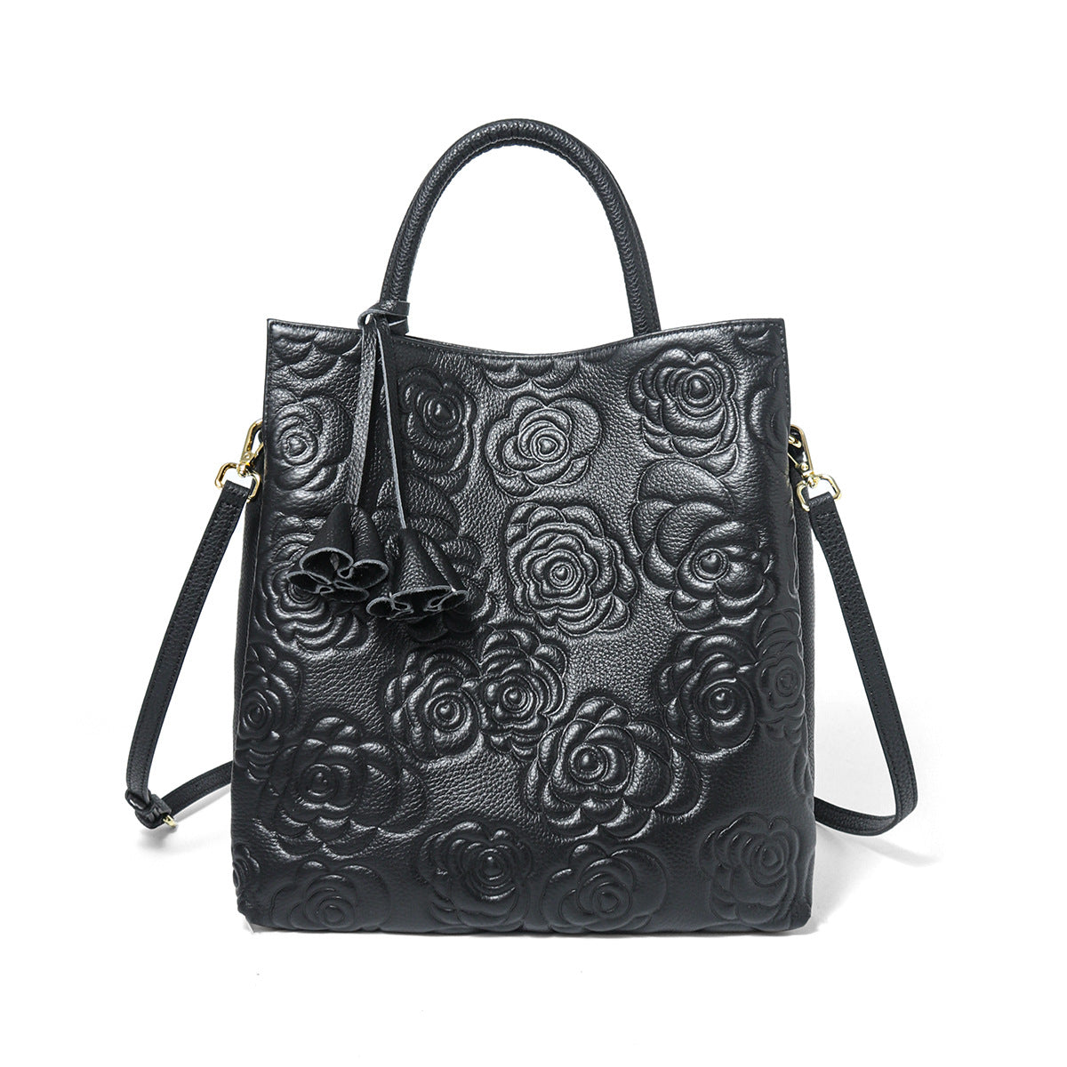Camellia embossed tassel cowhide crossbody bag