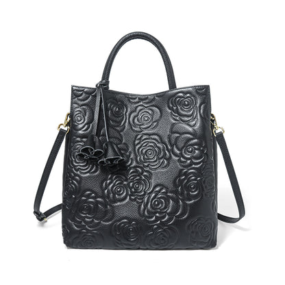 Camellia embossed tassel cowhide crossbody bag