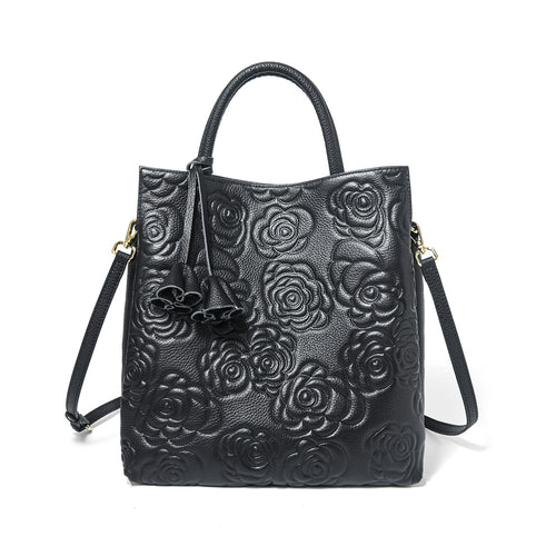 Camellia embossed tassel cowhide crossbody bag