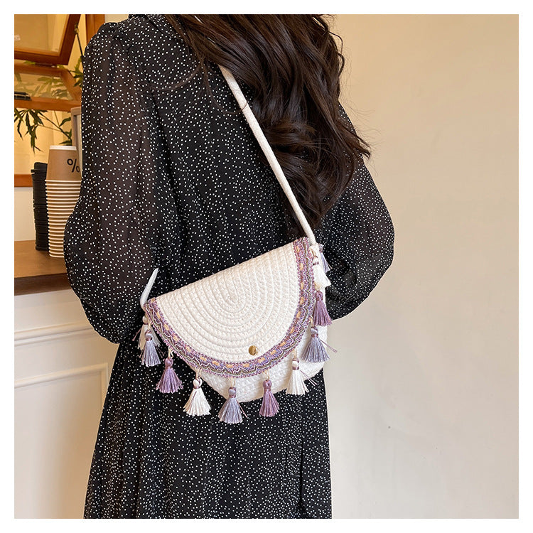 Ethnic Style Color-Block Woven Saddle Bag - zoraflux