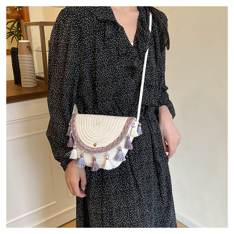 Ethnic Style Color-Block Woven Saddle Bag - zoraflux
