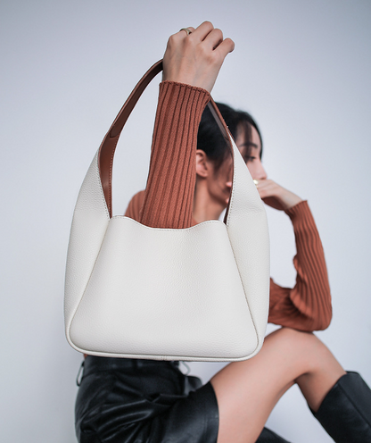 Simple leather contrasting color bucket bag