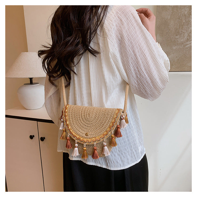 Ethnic Style Color-Block Woven Saddle Bag - zoraflux
