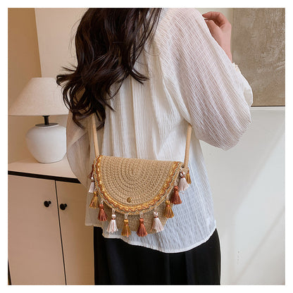 Ethnic Style Color-Block Woven Saddle Bag - zoraflux