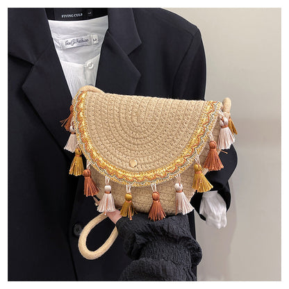 Ethnic Style Color-Block Woven Saddle Bag - zoraflux