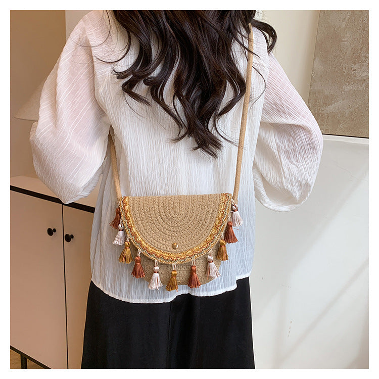 Ethnic Style Color-Block Woven Saddle Bag - zoraflux