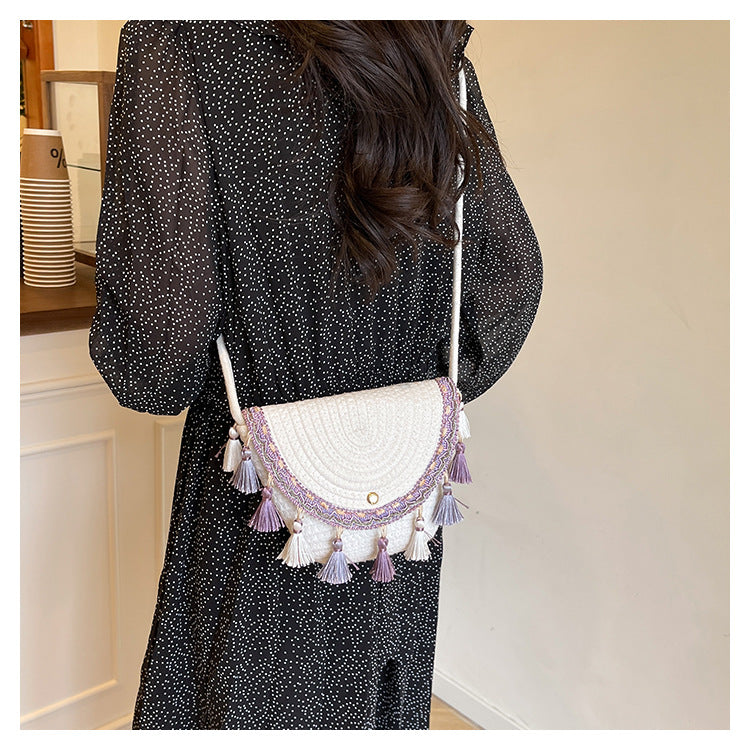 Ethnic Style Color-Block Woven Saddle Bag - zoraflux