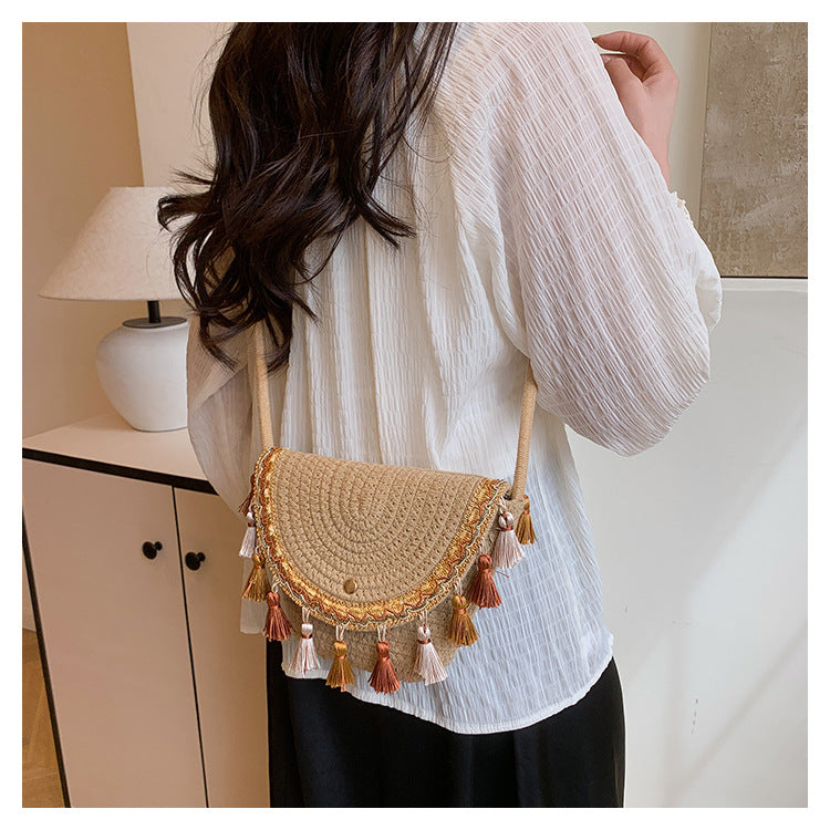 Ethnic Style Color-Block Woven Saddle Bag - zoraflux