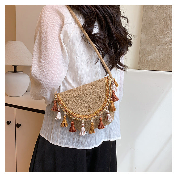 Ethnic Style Color-Block Woven Saddle Bag - zoraflux
