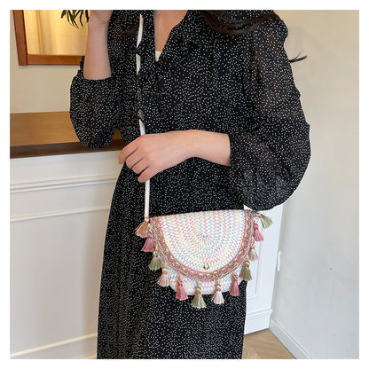 Ethnic Style Color-Block Woven Saddle Bag - zoraflux