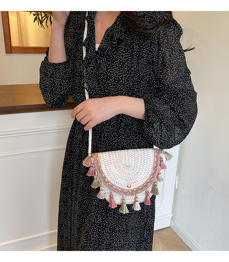 Ethnic Style Color-Block Woven Saddle Bag - zoraflux