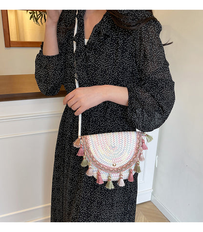 Ethnic Style Color-Block Woven Saddle Bag - zoraflux