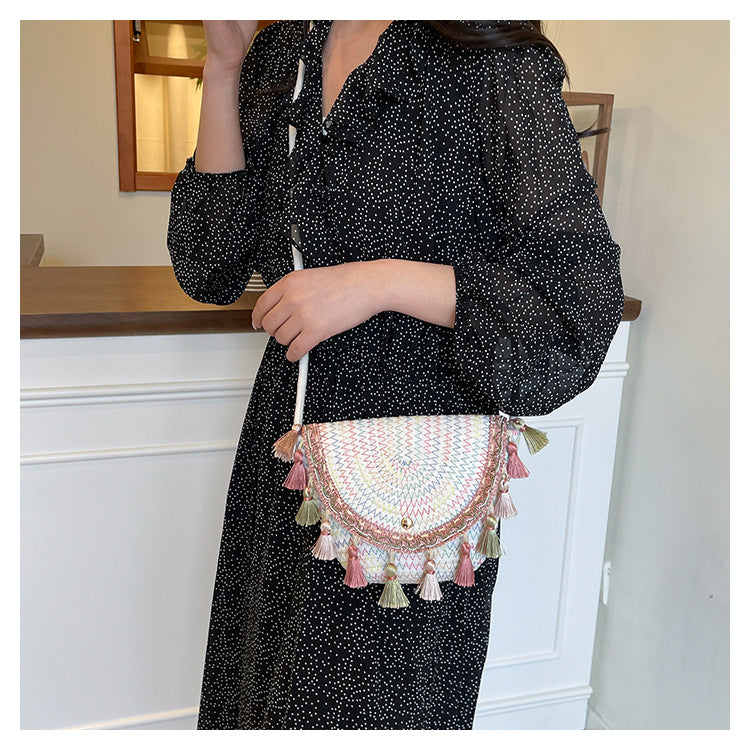 Ethnic Style Color-Block Woven Saddle Bag - zoraflux