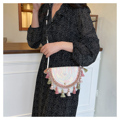 Ethnic Style Color-Block Woven Saddle Bag - zoraflux