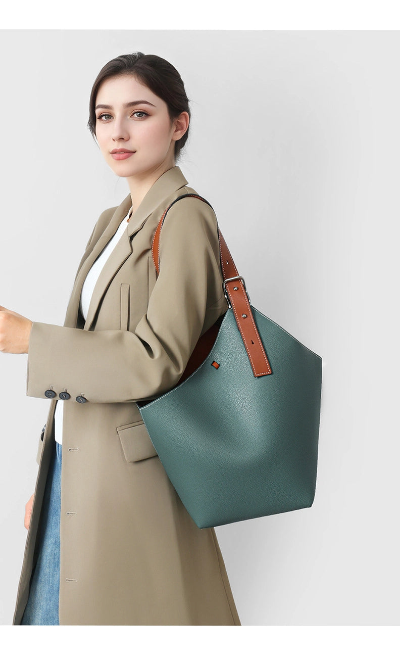 Large-capacity contrasting leather women's tote bag
