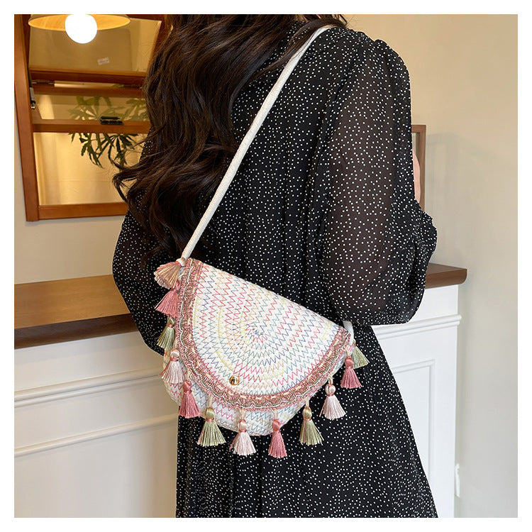 Ethnic Style Color-Block Woven Saddle Bag - zoraflux