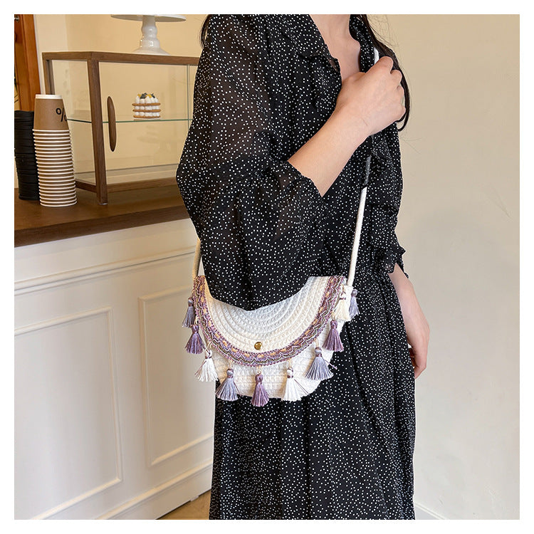 Ethnic Style Color-Block Woven Saddle Bag - zoraflux