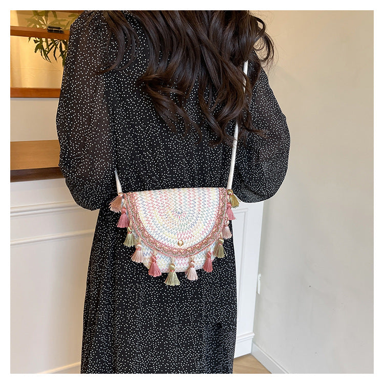Ethnic Style Color-Block Woven Saddle Bag - zoraflux
