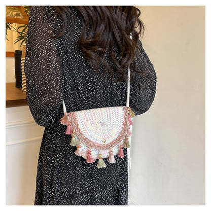 Ethnic Style Color-Block Woven Saddle Bag - zoraflux