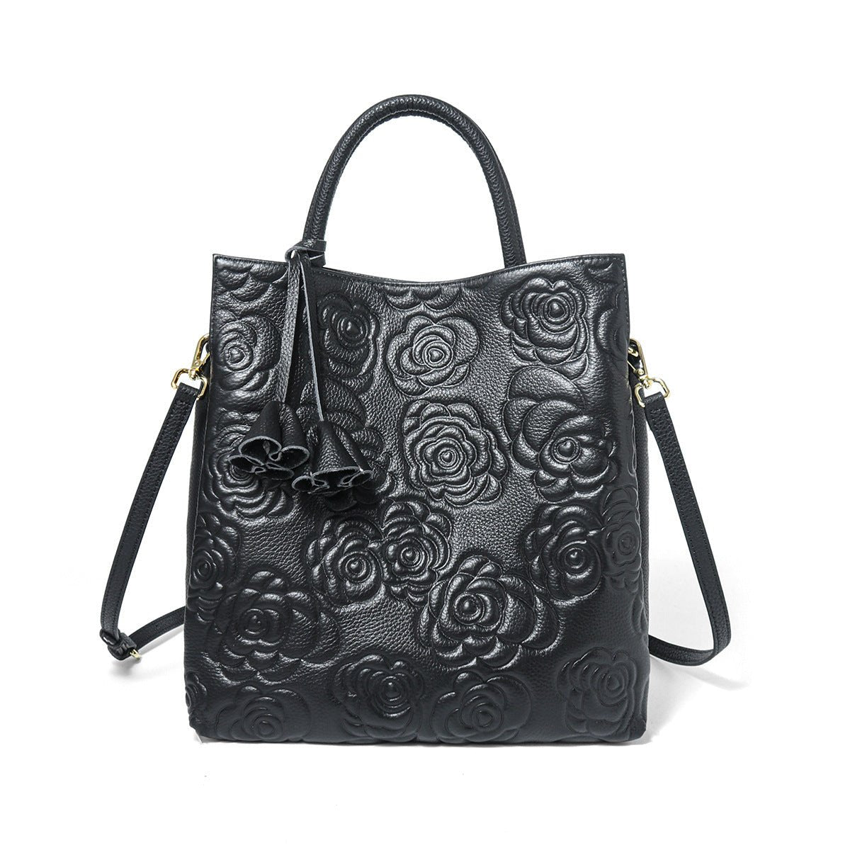 Camellia embossed tassel cowhide crossbody bag - zoraflux