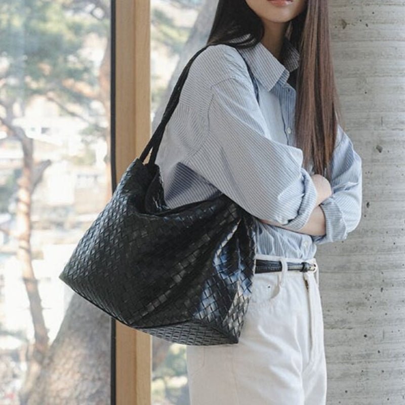 Chic Intrecciato Woven Hobo Bag Soft Faux Leather Large Shoulder Tote - zoraflux
