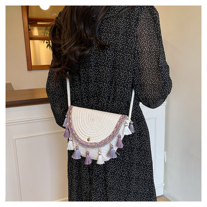 Ethnic Style Color-Block Woven Saddle Bag - zoraflux