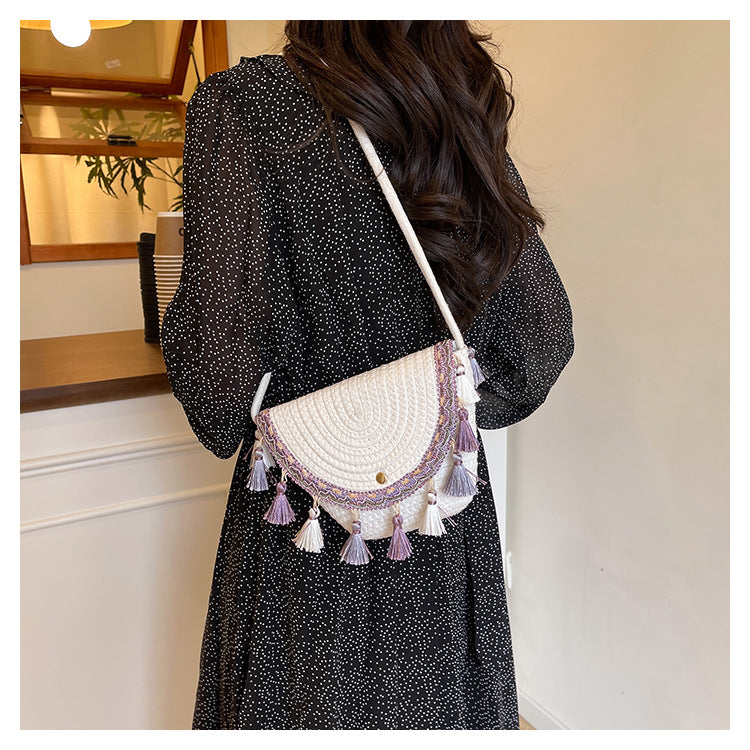 Ethnic Style Color-Block Woven Saddle Bag - zoraflux