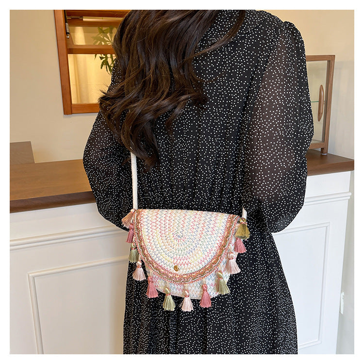 Ethnic Style Color-Block Woven Saddle Bag - zoraflux