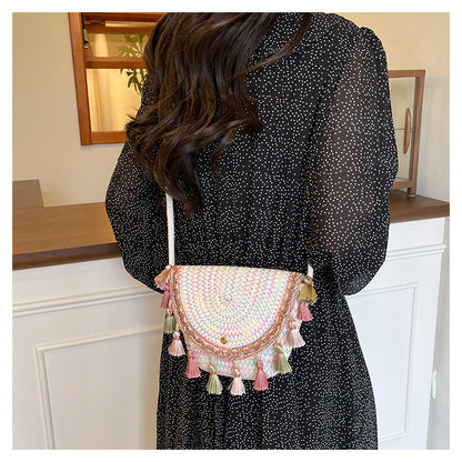 Ethnic Style Color-Block Woven Saddle Bag - zoraflux