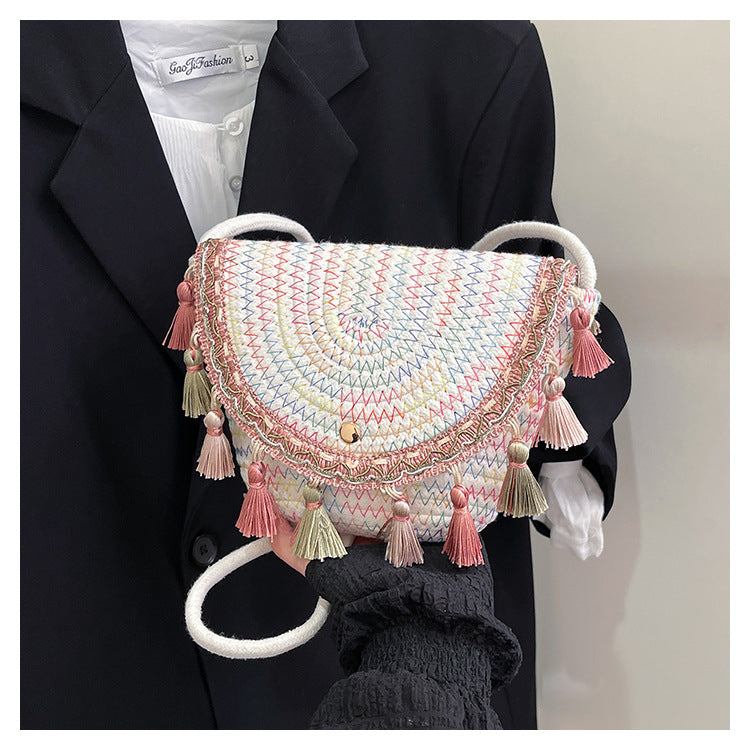 Ethnic Style Color-Block Woven Saddle Bag - zoraflux