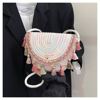 Ethnic Style Color-Block Woven Saddle Bag - zoraflux