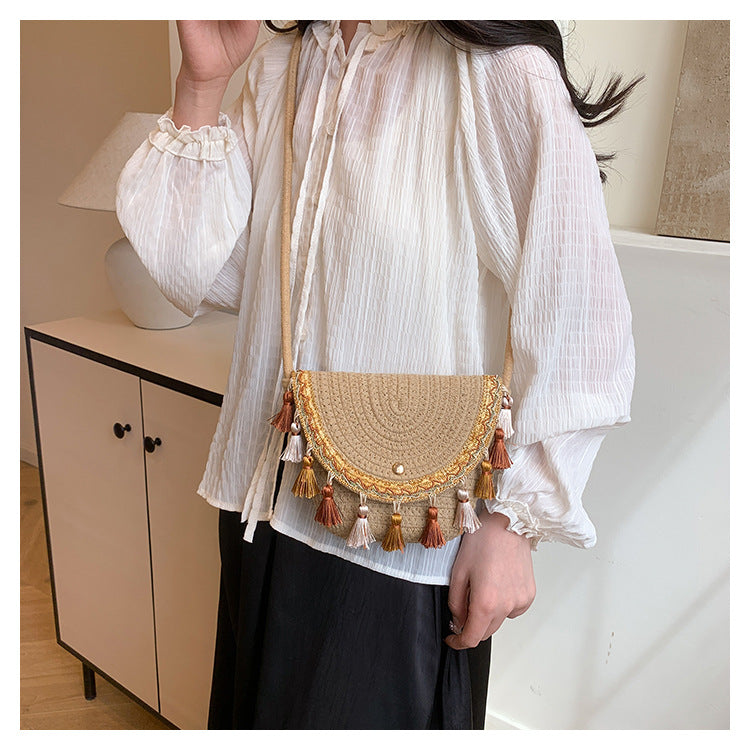 Ethnic Style Color-Block Woven Saddle Bag - zoraflux