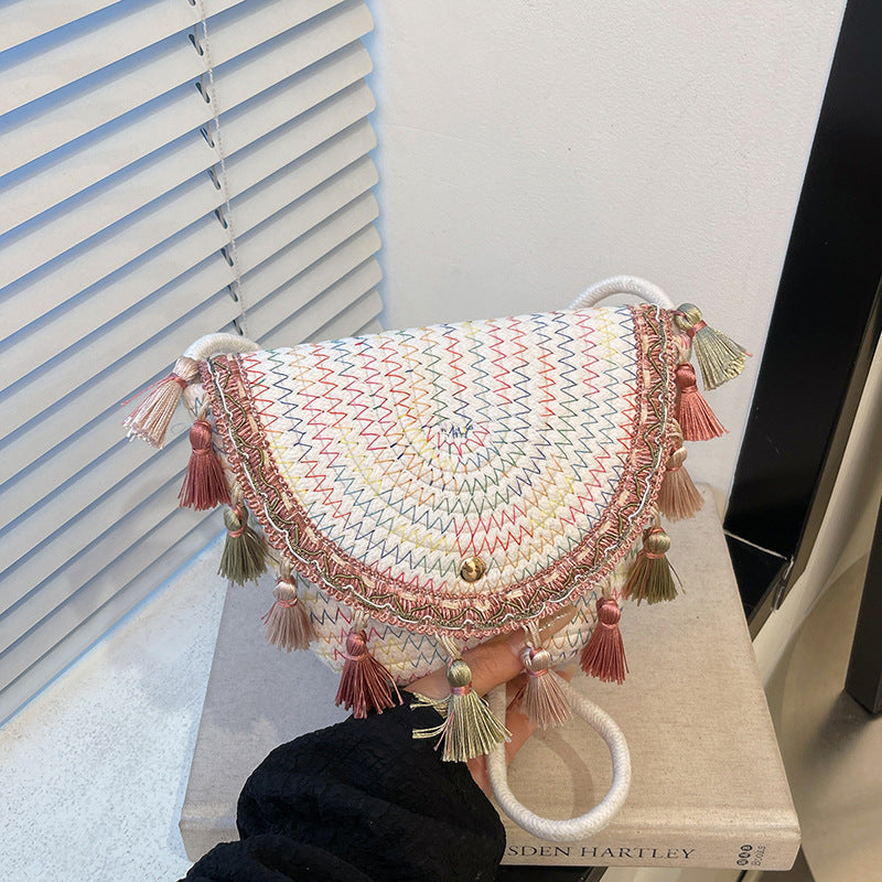 Ethnic Style Color-Block Woven Saddle Bag - zoraflux