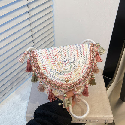 Ethnic Style Color-Block Woven Saddle Bag - zoraflux