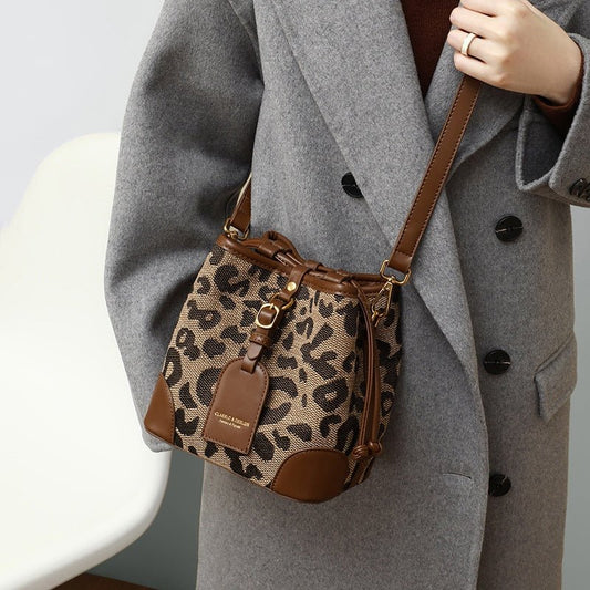 Fashion leopard print crossbody bucket bag - zoraflux