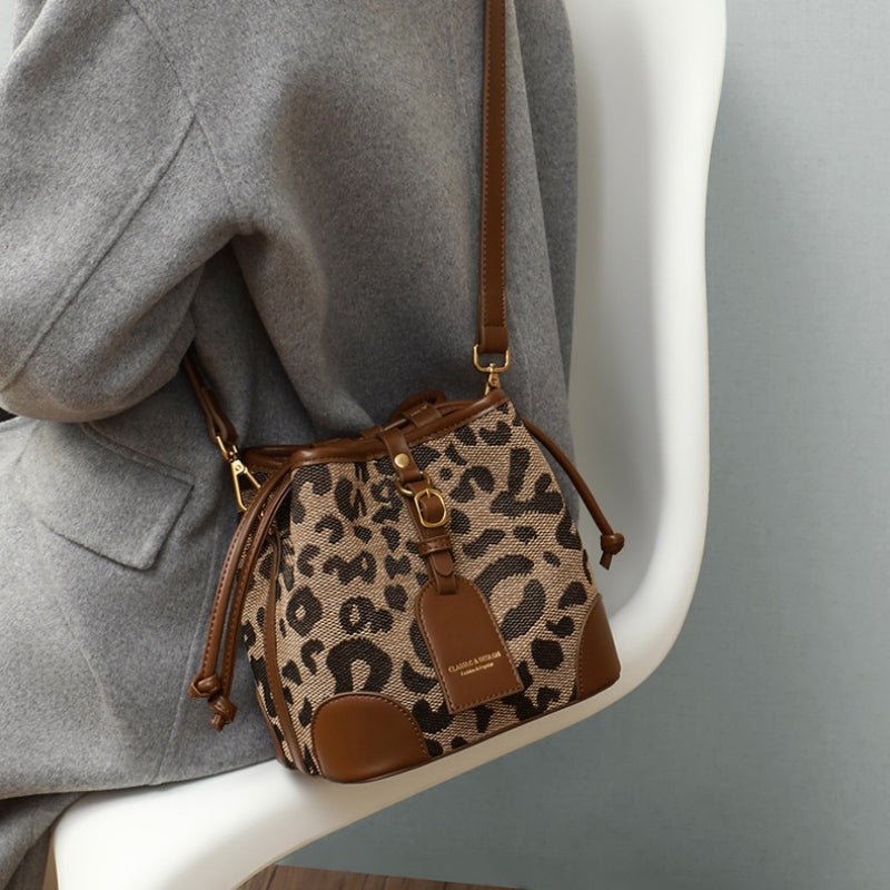 Fashion leopard print crossbody bucket bag - zoraflux