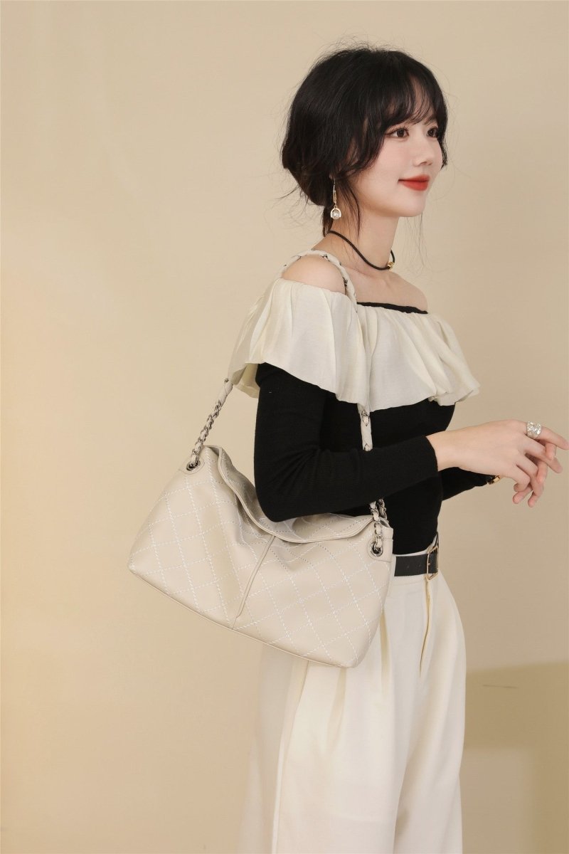 Genuine leather diamond chain tote bag - zoraflux