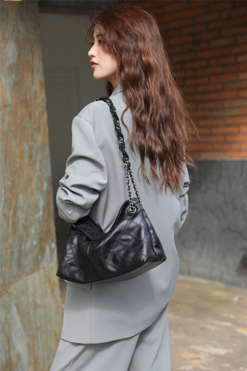 Genuine leather diamond chain tote bag - zoraflux