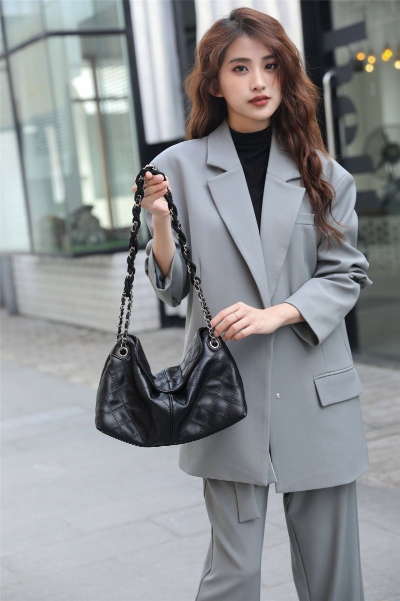 Genuine leather diamond chain tote bag - zoraflux