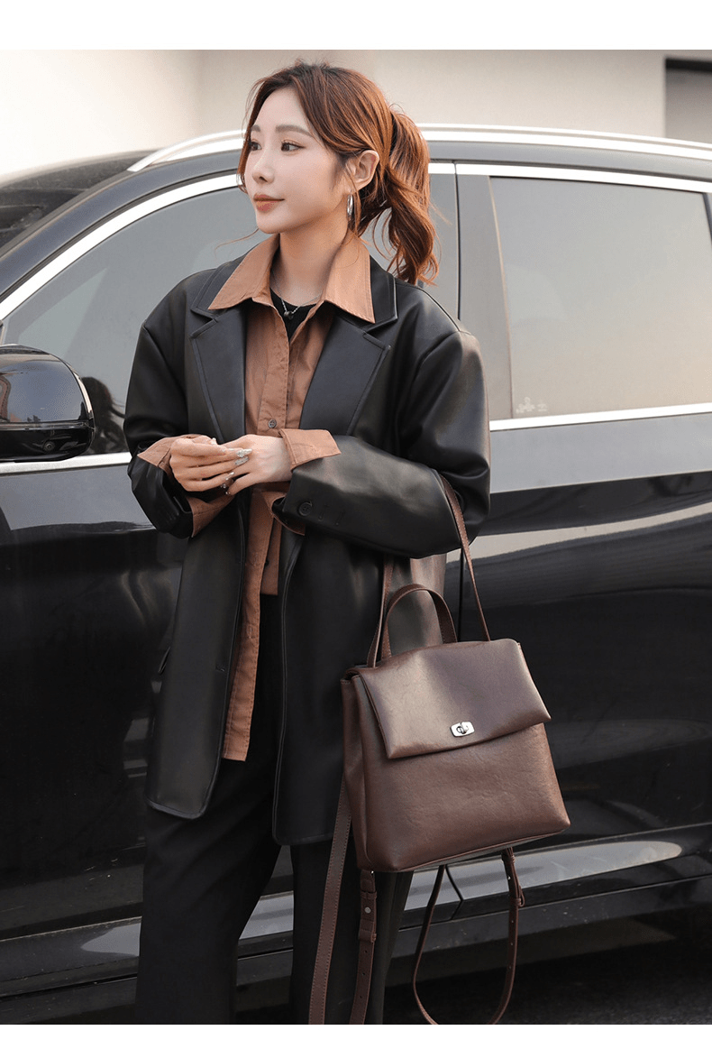 Genuine leather school - style backpack - zoraflux