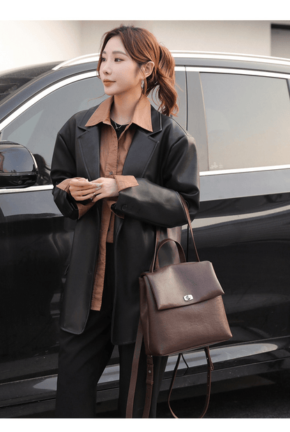 Genuine leather school - style backpack - zoraflux