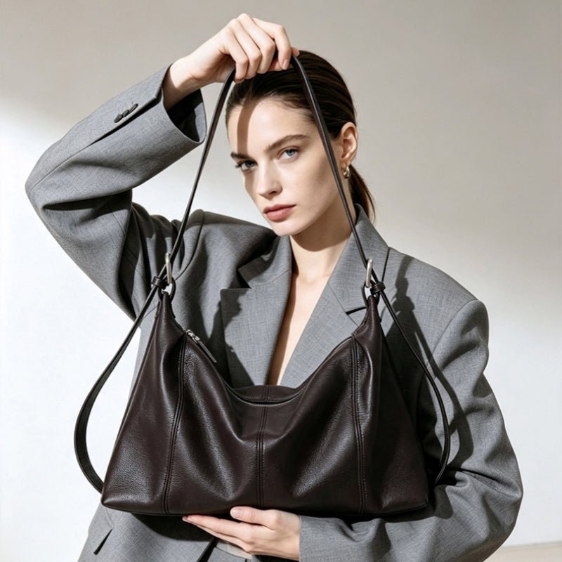 Genuine Top‑Grain Cowhide Hobo Bag Soft Leather Shoulder Crossbody Handbag for Women Daily Office - zoraflux