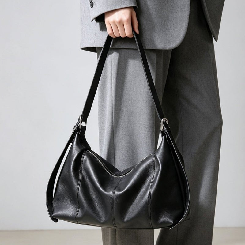 Genuine Top‑Grain Cowhide Hobo Bag Soft Leather Shoulder Crossbody Handbag for Women Daily Office - zoraflux