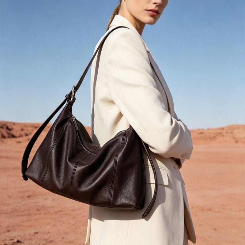 Genuine Top‑Grain Cowhide Hobo Bag Soft Leather Shoulder Crossbody Handbag for Women Daily Office - zoraflux