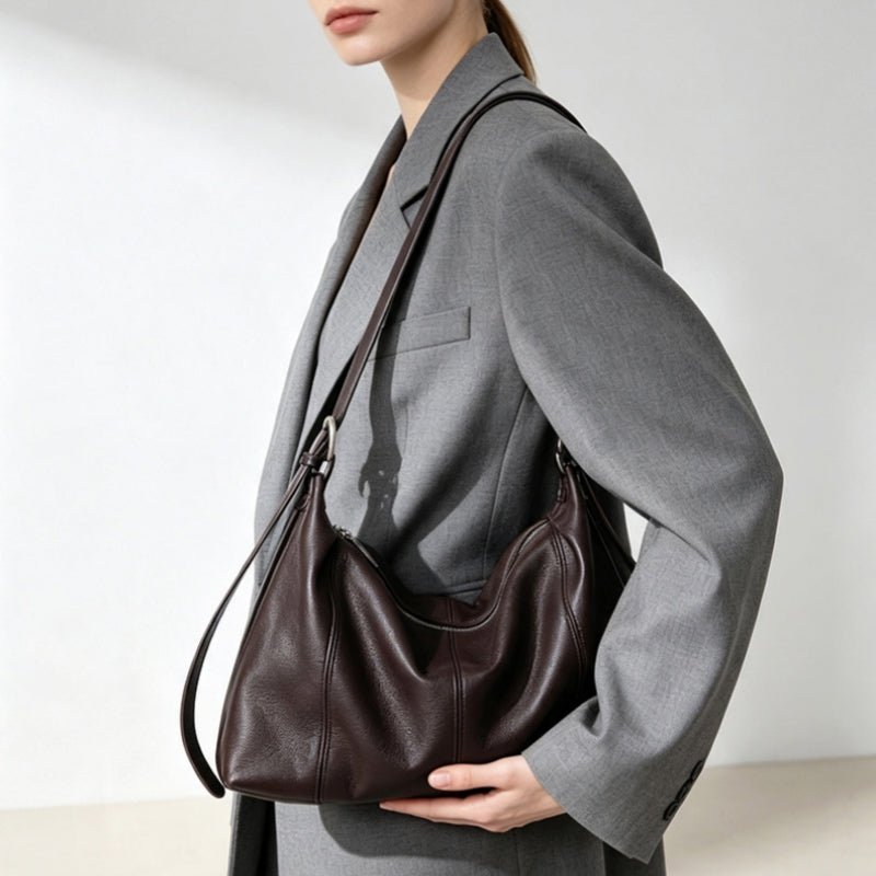 Genuine Top‑Grain Cowhide Hobo Bag Soft Leather Shoulder Crossbody Handbag for Women Daily Office - zoraflux